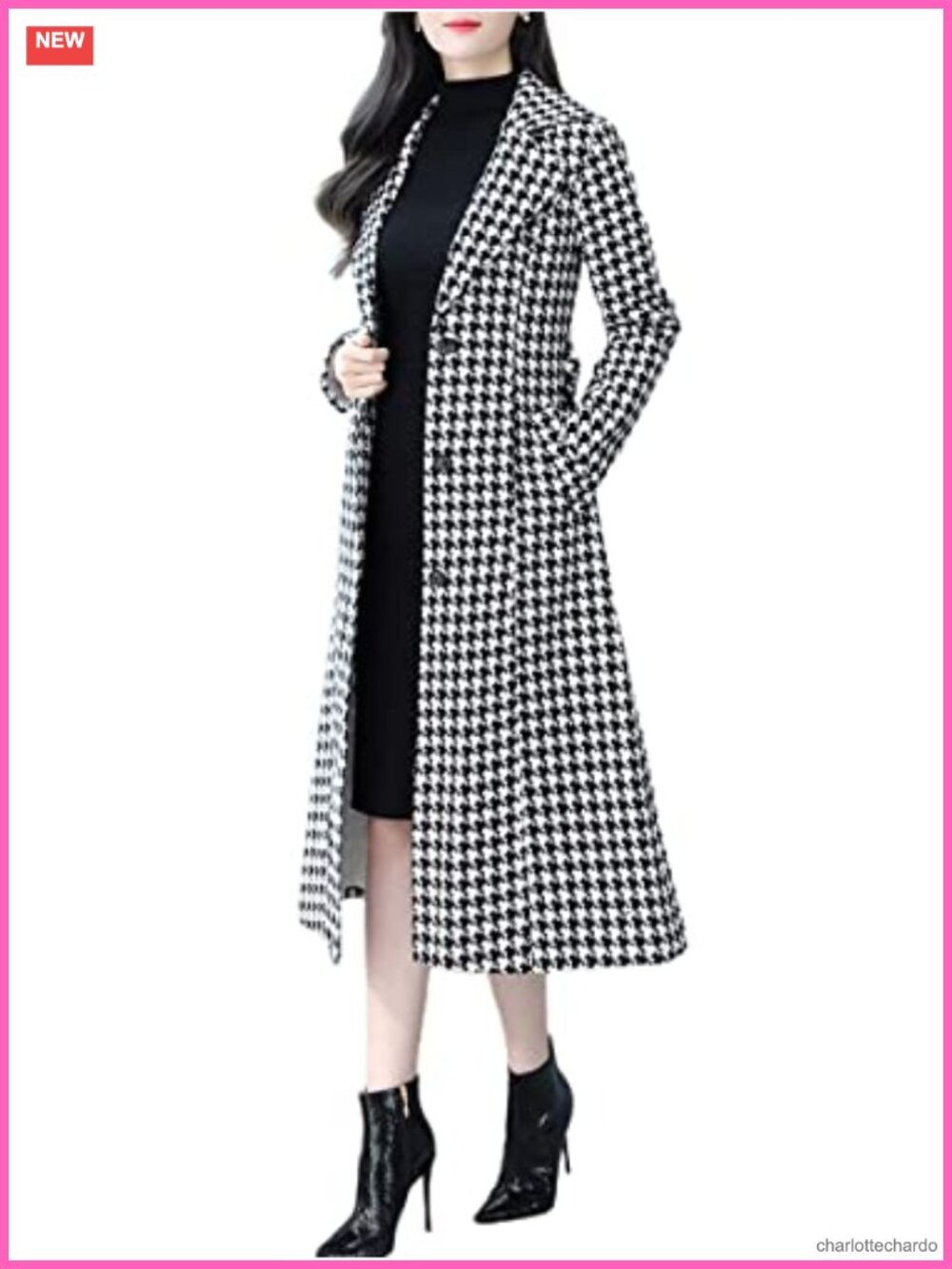 Houndstooth Trench Coat Winter Single Breasted Quilt-Lined Long Coat